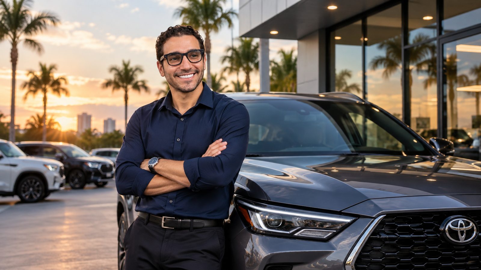 Guilherme Rodrigues, founder of Same Day Auto Group, beside a new vehicle at a South Florida dealership.